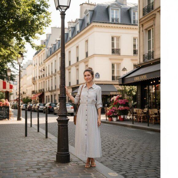 Lost + Wander Gray Stripe Linen Button Down Shirt Midi Dress - Picture 1 of 4